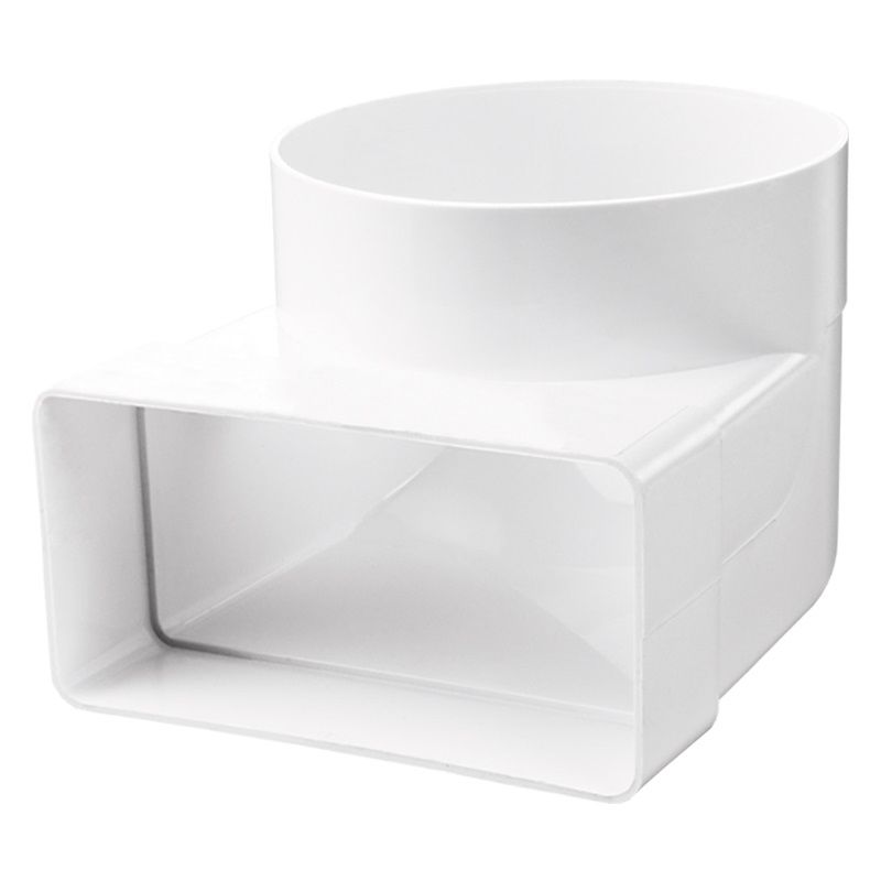 Rigid plastic 90-degree transformer from 100mm to 110 x 54mm, used for ducting in HVAC systems by Direct Duct Supplies