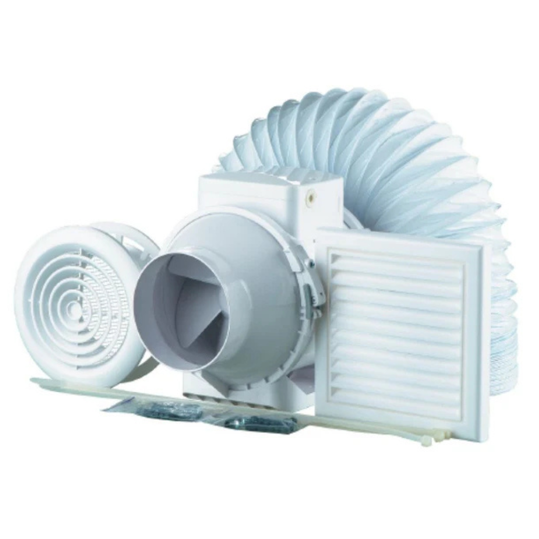 Turbo-E 100mm Timer Shower Fan Extract Kit Duct Vents & Ceiling Diffuser 4"
