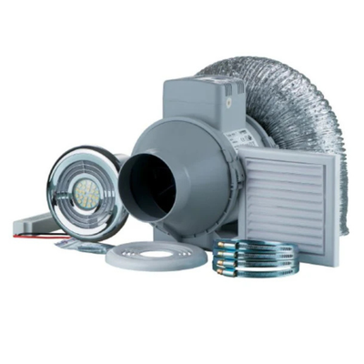 Turbo 100mm Timer Shower Bathroom Fan Extractor Kit Duct Vents LED Light 4"